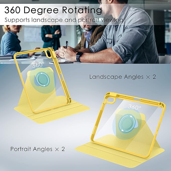 Soke Rotating Case for iPad (A16) 11th Generation 2025 iPad 10th Gen 2022 with Pencil Holder [Shockproof + Auto Sleep/Wake] 360 Degree Rotation Clear Back for iPad 11/10.9 - Yellow