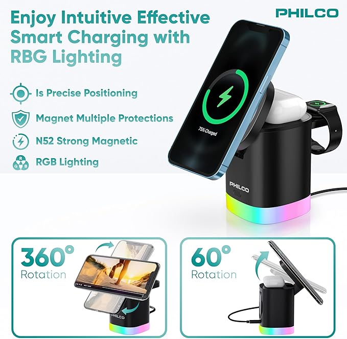 Philco 3-in-1 Magnetic Wireless Charging Station15W Fast Charging for Magsafe iPhone 11/12/13/14/15/16 Apple Watch &amp AirPods Compact and Foldable Design with USB-C Port RGB Color Changing Ligh