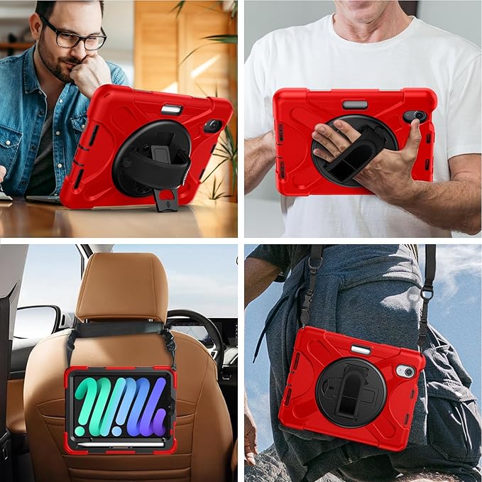 Gerutek Case for iPad mini 7 (A17 Pro) 2024/Mini 6 2021 8.3 inch Shockproof Cover for iPad mini 7/6th Generation with Screen Protector 360° Rotating Stand Hand/Shoulder Strap Pencil Holder Red