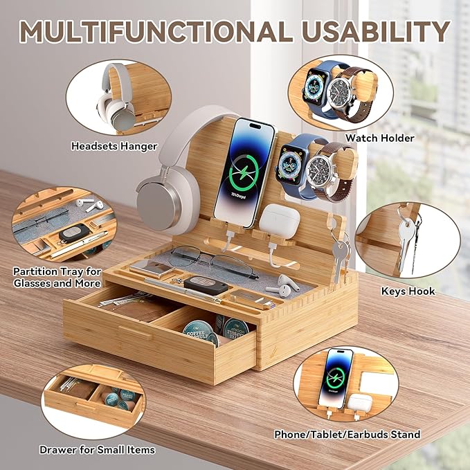 Pezin &amp Hulin Wooden Charging Station Bedside Nightstand Tray with Spacious Drawer Felt Pads for Phones Watch Idea Gifts for Him Birthday Son Christmas for Papa Fathers Day (Nature)