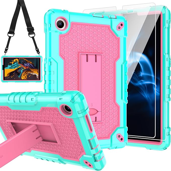 for TCL Tab 8 V/TCL AT&ampT Tab 8 SE (6048E) Tablet Case with Screen ProtectorSoft Silicone Rubber Heavy Duty Hybrid Had Back Shell Protection Build in Kickstand (Green/Pink/2 PCS)