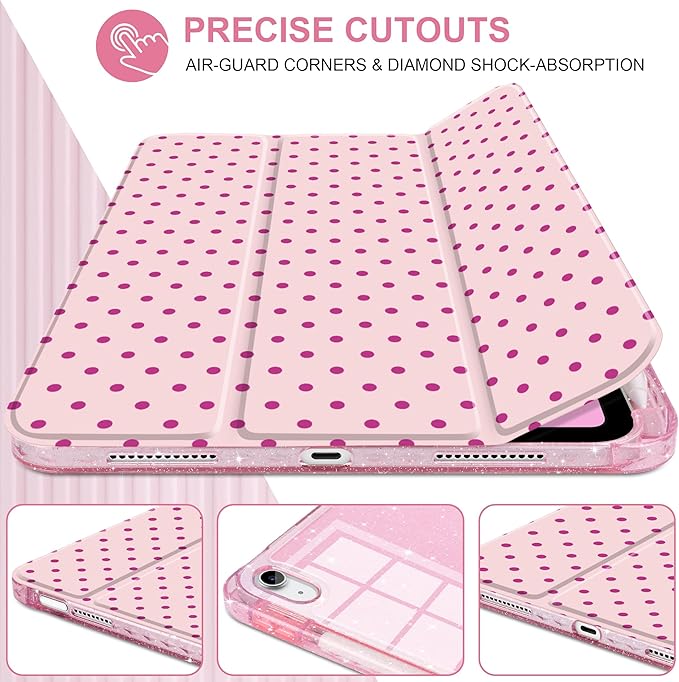 DONGKE for iPad Case 9th/8th/7th Generation 10.2 Inch (2021/2020/2019) Shockproof Glitter Acrylic Back with Trifold Stand Pencil Holder &amp Auto Sleep/Wake - Pink Polka Dot
