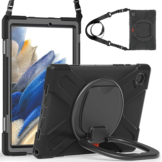 Case for Galaxy Tab A8 10.5 2022 (SM-X200/ X205/ X207) Heavy Duty Protective Case with 360 Degree Swivel Stand&ampHand Strap&ampShoulder Strap (Black)