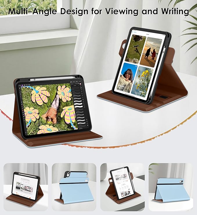 DTTO for iPad A16 Case iPad 11th / 10th Generation Case (2025/2022) 360 Degree Rotating Premium Leather Folio Stand Cover with Pencil Holder Ice Blue