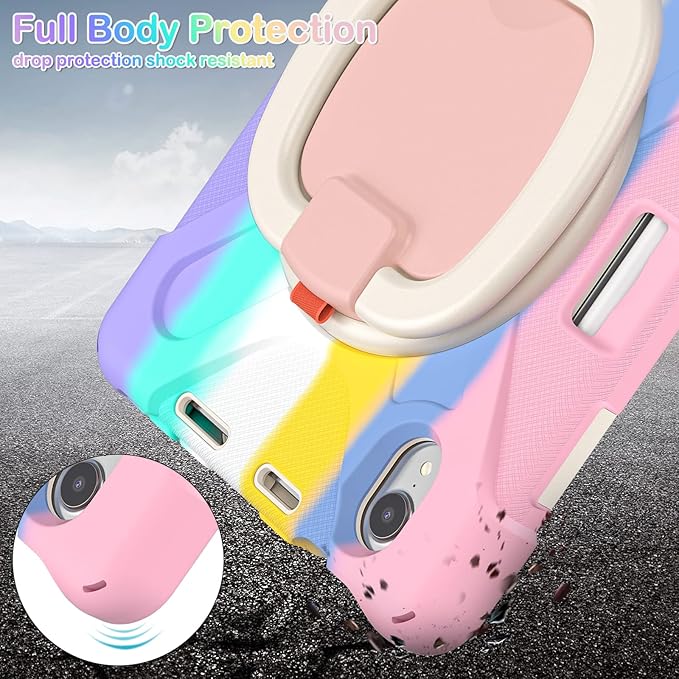 BRAECNstock Kids Case for Apple iPad mini 7 (A17 Pro)/ Mini 6 2024/2021 8.3-Inch Shockproof Protective iPad mini Case with Screen Protector Rotating Stand Handle Grip Pencil Holder Rainbow Pink