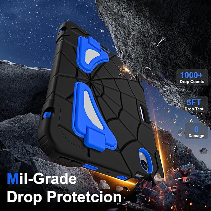 Kids Case for iPad mini 7 A17 Pro 2024/ Mini 6 8.3 inch Spider Case for iPad mini 7th 6th Generation Shockproof Durable Full Protective Cover with Pencil Holder Kickstand (Black+Blue)