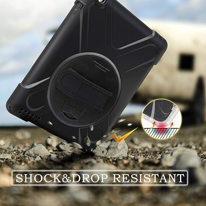 iPad Air Case 1st Generation 2013 TSQ iPad Air 1 Case Heavy Duty Shockproof Military Grade Rugged Protective Case w/Rotating Stand Hand Shoulder Strap for iPad Air 9.7 Inch A1474/A1475/A1476-Black