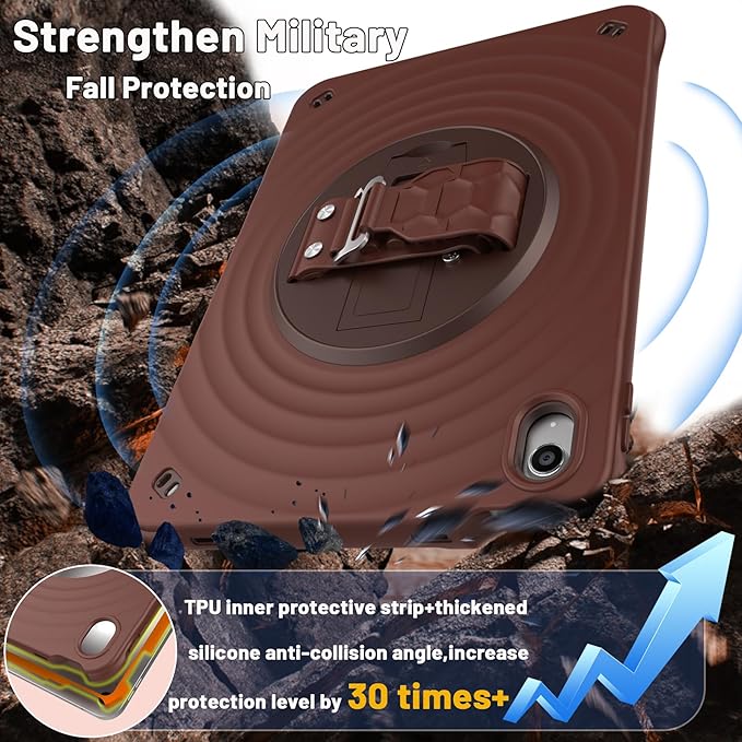 Case for iPad A16 11-inch (2025) &amp iPad 10th Gen 10.9-inch (2022) HD Screen Protector Strong Military-Grade Full-Body Shockproof Protection 360° Rotating Handle Strap &amp Shoulder Strap Choc