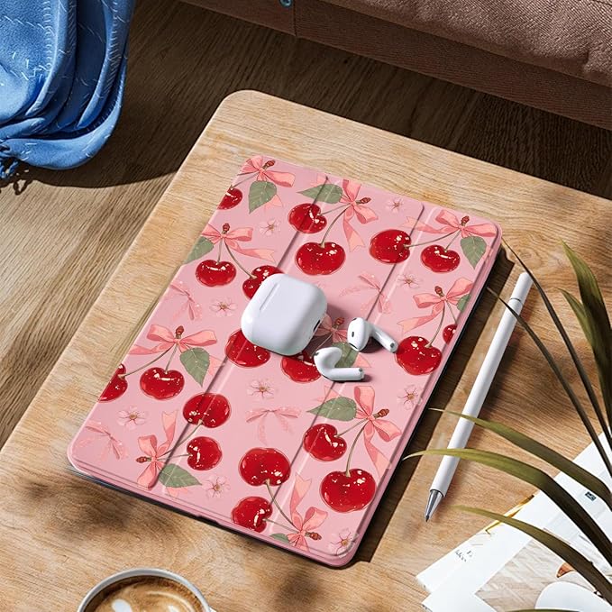 Cute Pink Bow Cherry Case for Ipad Air 11 Inch 2024 Cover Kawaii Design Shell Auto Sleep/Wake Anti-Slip Shockproof Cover with Clear Back Shell &amp Pencil Holder(Girl Women)