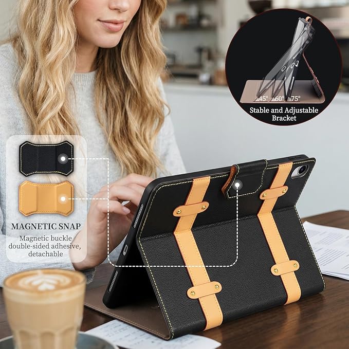 for iPad Air 11 Inch M3 M2 iPad Air 10.9 Inch Case 5th 4th GenLeather Folio Cover with Auto Wake/Sleep Adjustable StandDetachable Magnetic Closure Protection Case-Multiple Straps Black