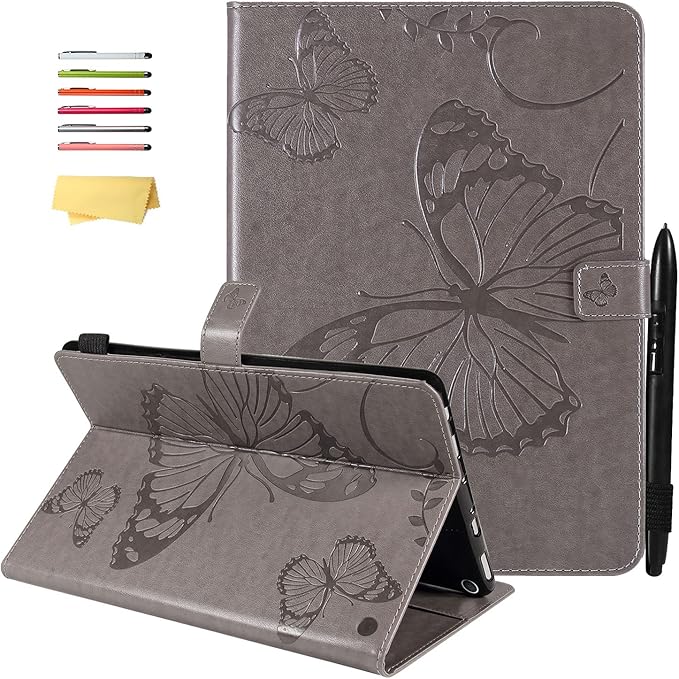 for Kindle Fire HD 10 &amp HD 10 Plus Case 13th/11th Generation 10.1 (2023/2021) Stand Embossed PU Leather Magnetic Wallet Cover with Pencil Holder/Pockets [Auto Wake/Sleep] Gray Butterfly