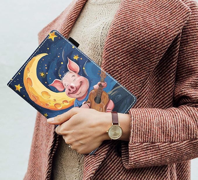 Case for Amazon Kindle Fire 7 Tablet (7 9th/7th Generation 2019/2017 Release) Slim PU Leather Cover with Card Slot &amp Auto Wake/Sleep Watercolor Art Pig Playing Guitar