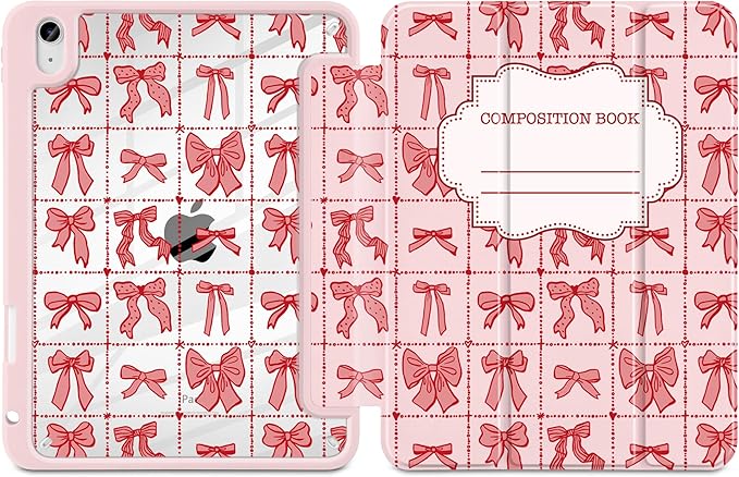 DONGKE Case for iPad (A16) 11th Generation 11 inch 2025 &amp iPad 10th Gen 10.9 inch 2022 [Built-in Pencil Holder] Clear Acrylic Back Trifold Stand Smart Cover Auto Sleep/Wake Bow Composition Book