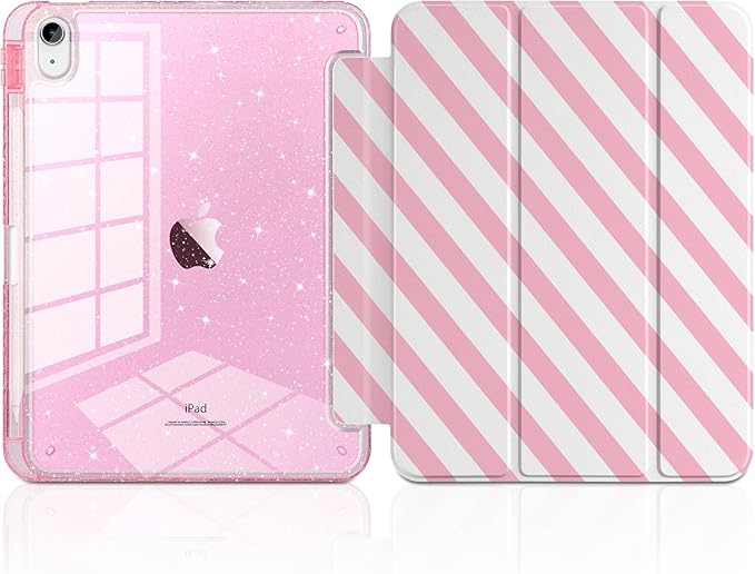 MEEgoodo Case for iPad A16 11th Generation 2025/10th Generation 2022 Glitter Tablet Cases with Transparent Acrylic Back+Trifold Stand +Pencil Holder+Auto Wake/SleepPink and White Stripes