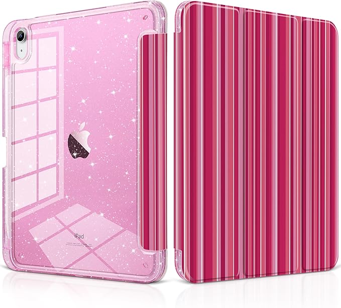 MEEgoodo Case for iPad A16 11th Generation 2025/10th Generation 2022 Glitter Tablet Cases with Transparent Acrylic Back+Trifold Stand +Pencil Holder+Auto Wake/SleepMixed Pink Stripes