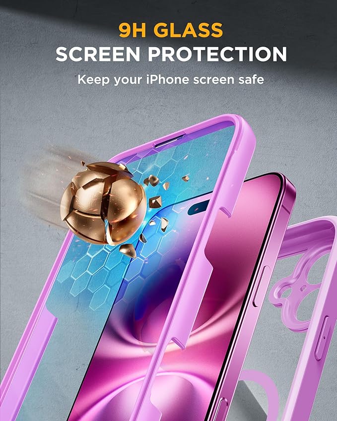 Miracase for iPhone 16 Case 6.1'' [Bubble Free] Full-Body Bumper Phone case with Built-in Full Glass Screen &ampCamera ControlNo GapCompatible with MagSafeDrop Proof 16 CoverPink