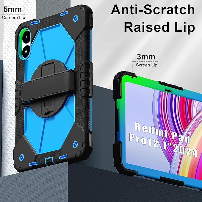 for Xiaomi Redmi Pad Pro 12.1/Xiaomi Poco Pad 12.1 Case with 2PCS Screen Protector Kickstand/Hand Strap/Rotating/Shoulder Strap (Black/Blue+2PCS Glass)