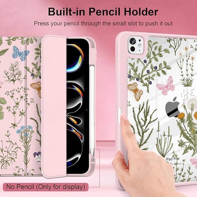 DONGKE for iPad Pro 11-Inch Case (M5 2025 / M4 2024) 6th/5th Generation [Auto Sleep/Wake &amp Pencil Pro Holder] Clear Acrylic Back Smart Trifold Stand Cover Wildflower &amp Butterfly