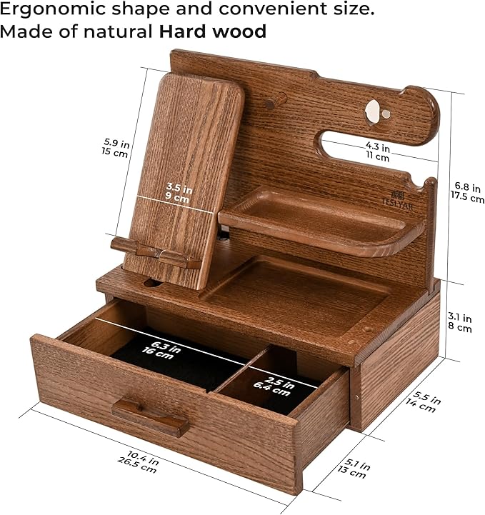 TESLYAR Wood Phone Docking Station with Drawer - Nightstand Organizer - Desk Organizer for Husband - Birthday Gifts for Men Dad Anniversary Idea Key Holder Stand Watch &amp Accessories (Earth Beig