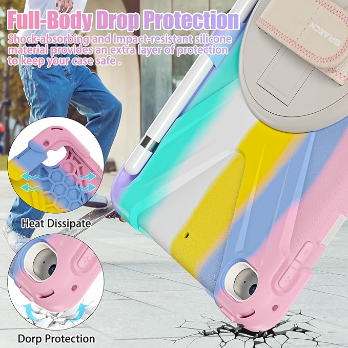 BRAECNstock Kids Case for Apple iPad mini 5/4 7.9 2019/2015 Shockproof Protective with Pencil Holder Rotating Hand Strap &amp Stand Shoulder Strap Case for iPad mini 5th/4th Gen Colorful Pink