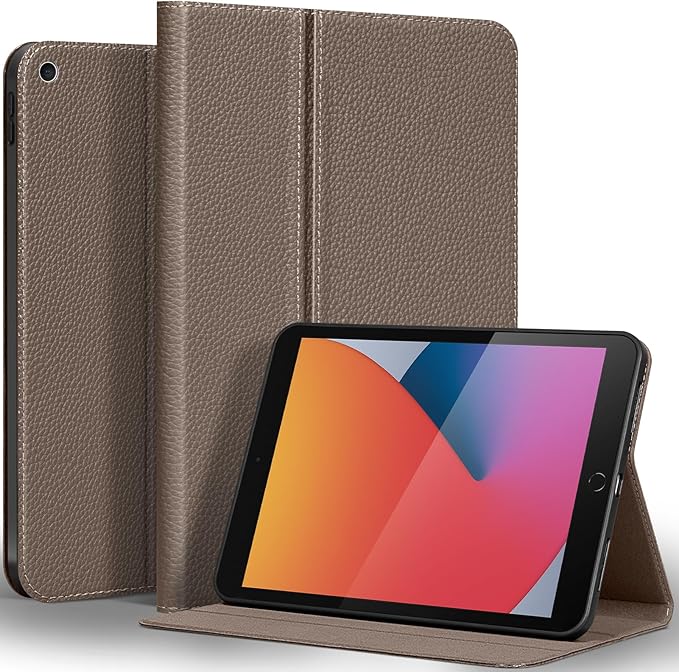 Genuine Cowhide Leather Case for iPad 10.2 inch 7th/8th/9th Gen (2019-2021) - Dual Angle Stand Auto Wake/Sleep Folio Cover with Magnetic Closure Gray Brown