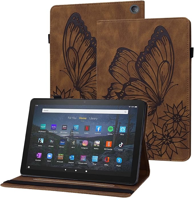 for Amazon Kindle Fire HD 10 &amp HD 10 Plus Case 13th/11th Generation 10.1 inch (2023/2021) Folio Stand Embossed PU Leather Wallet Cover with Pencil Holder/Card Pockes Brown Flower Butterfly
