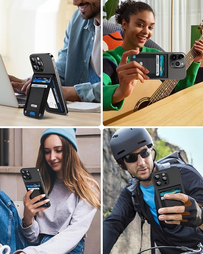 For Magsafe Wallet Stand Strongest Magnetic Wallet for iPhone 17/16/15/14/13/12 Series ID Window 4 Card Slots Fit 9 Cards Vegan Leather RFID Blocking Black Carbon Fiber