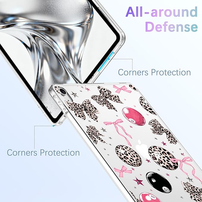 for 12.9 iPad Pro 6th/5th/4th/3rd Gen (2022/2021/2020/2018)Cute Y2k Leopard Print Bow Clear CaseSlim Lightweight Anti-Scratch Soft TPU Bumper Hard Acrylic Back Cover for Women
