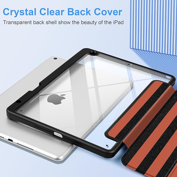 DONGKE for iPad 9th/8th/7th Generation Case 10.2 Inch (2021/2020/2019) [Auto Sleep/Wake &amp Pencil Holder] Clear Acrylic Back Trifold Stand Cover Orange Stripes