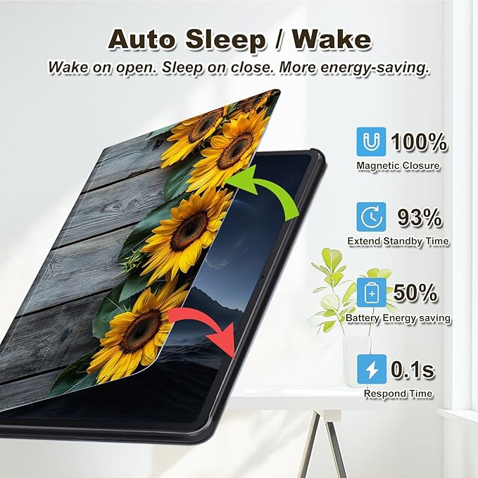 Case for Amazon Fire Max 11 Tablet Case (13th Generation 2023 Release) Multi-Angle Viewing Leather Smart Stand Back Cover with Auto Sleep Wake Wooden Sunflowers