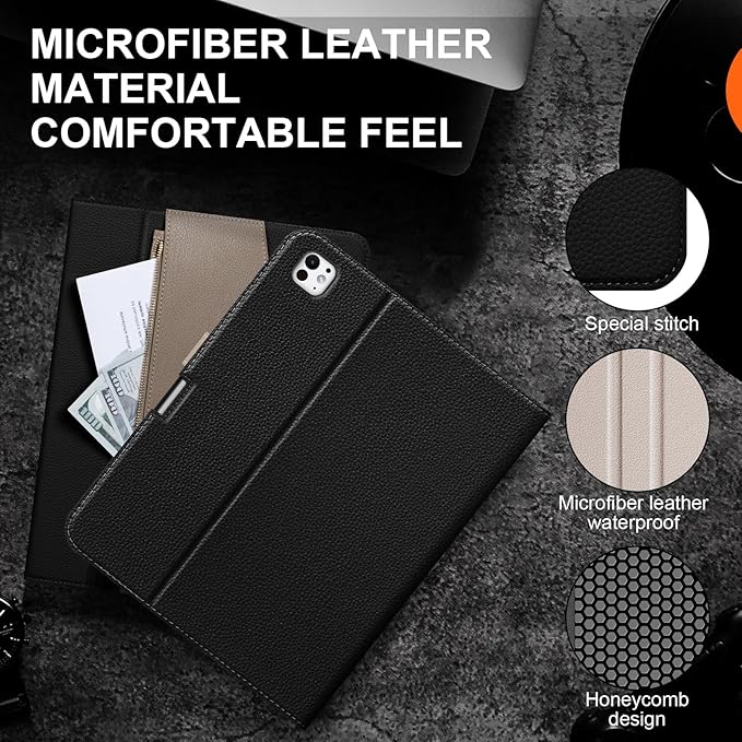 for iPad Pro 13 inch M4 Case 2024 Premium Microfiber Leather Protective Cover with Zipper Pocket Auto Wake/Sleep Multi-Angle Stand Pencil Holder for Model A2925 A2926 A3007 (Black/Grey)