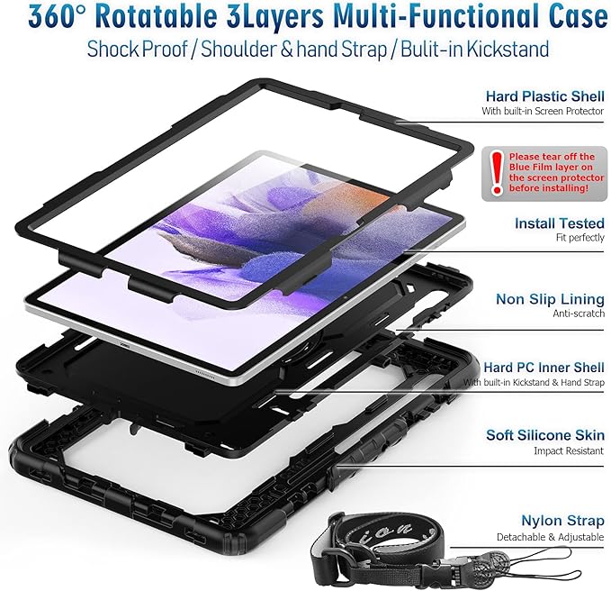 Timecity Case for Samsung Galaxy Tab S8 Plus/ S7 FE 5G Case 12.4'' with Screen Protector &amp 360° Swivel Kickstand &amp Hand Shoulder Strap for Galaxy Tab S7 FE/ S8 Plus/ S7 Plus 12.4 inch -Black
