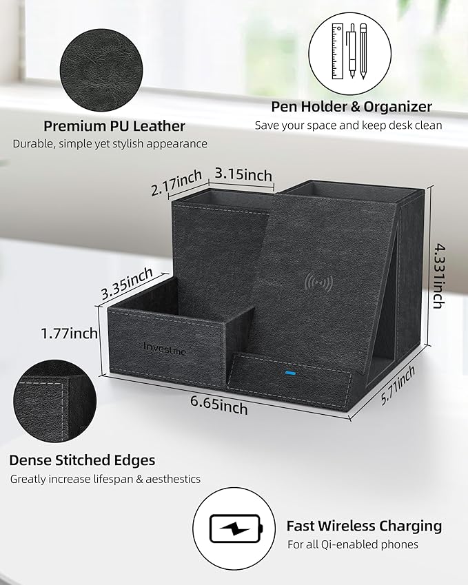 Wireless Charger with Desk Organizer Pen Pencil Holder Multifunctional Desktop Organizer Office Supplies and Desk Accessories Organizer with 3 Compartments and 1 Phone Stand PU Black