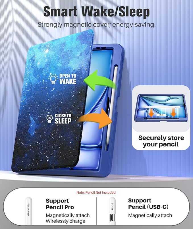 MoKo for iPad Air 13-Inch Case (M4/M3/M2) 2026/2025/2024 with Pencil Holder Heavy Duty 13 Inch iPad Air Case with Screen Protector Clear Back Lens Protector Multi-Angle Magnetic Stand Starry Sky