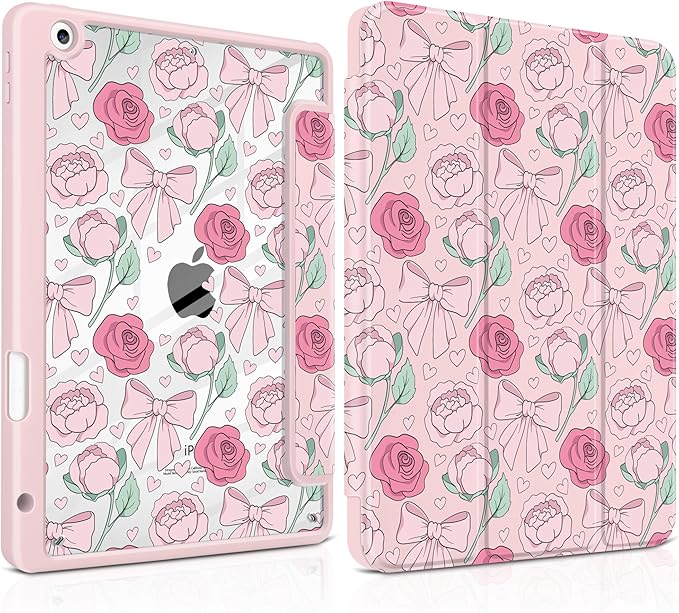 MEEgoodo Case for iPad 10.2 inchTablet Cases for iPad 9th Generation 2021/8th Gen 2020/7th Gen 2019 with Clear Acrylic Back Shell+Pencil Holder+Auto Wake/Sleep+Trifold Stand Pink Peony &amp Bow