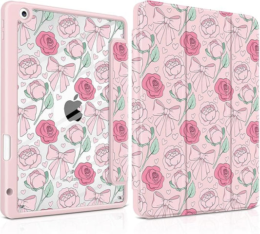 MEEgoodo Case for iPad 10.2 inchTablet Cases for iPad 9th Generation 2021/8th Gen 2020/7th Gen 2019 with Clear Acrylic Back Shell+Pencil Holder+Auto Wake/Sleep+Trifold Stand Pink Peony &amp Bow