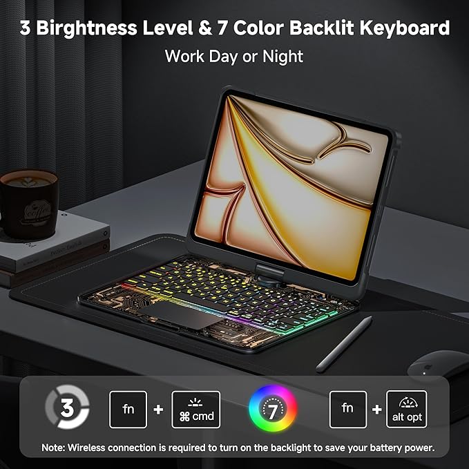 Transparent Keyboard Case for iPad 11th Gen 2025 (A16 11) &amp iPad 10th Gen 2022 (10.9) with Multi-Touch Trackpad 360° Rotating Stand 7-Color Backlit Bluetooth Pencil HolderBlack
