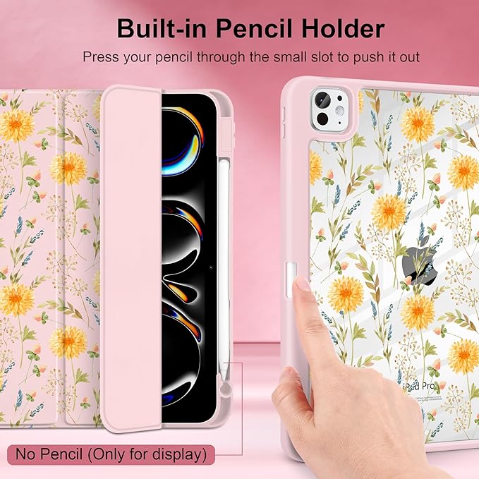 Case for iPad Pro 11 Inch (M5 2025 M4 2024) – [Built-in Pencil Holder] Shockproof &amp Stylish Clear Hard Back + Soft TPU Edge Magnetic Trifold Stand Auto Wake/Sleep Yellow Floral