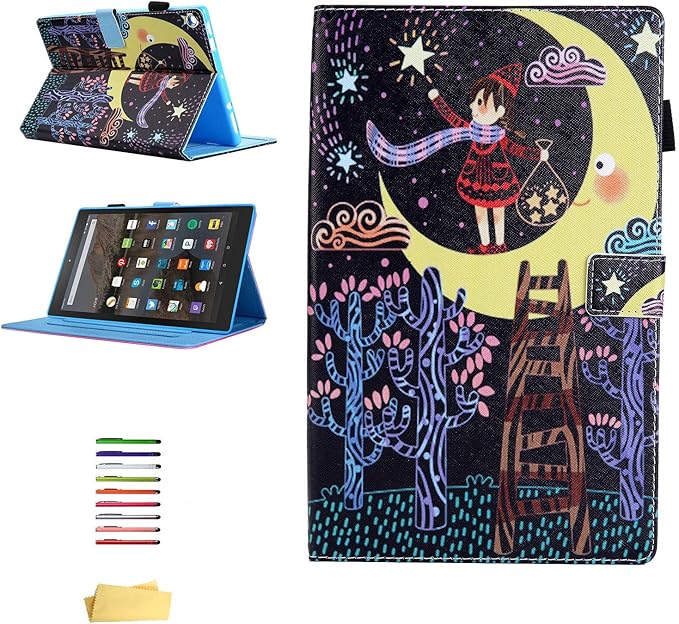 Fire HD 10 Tablet Case (9th Gen 2019 and 7th Gen 2017) with Pencil Holder [Multiple Angle Viewing] Stand Smart PU Leather Cover [Auto Sleep/Wake] for Amazon Kindle Fire 10.1 Inch Star Girl