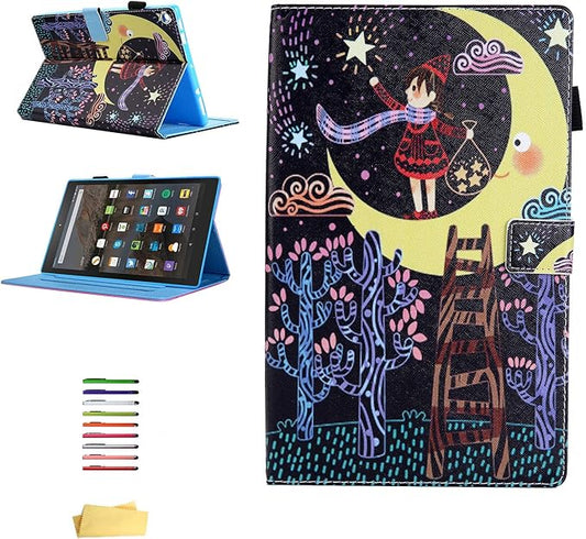 Fire HD 10 Tablet Case (9th Gen 2019 and 7th Gen 2017) with Pencil Holder [Multiple Angle Viewing] Stand Smart PU Leather Cover [Auto Sleep/Wake] for Amazon Kindle Fire 10.1 Inch Star Girl