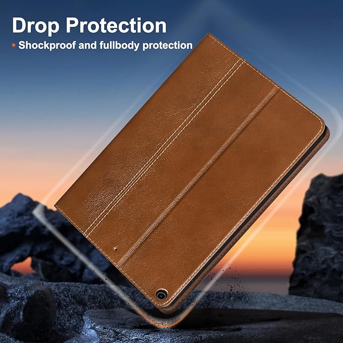 Gexmil Leather Case for iPad 10.2 Inch 9th/8th/7th Gen 2021/2020/2019Premium Cowhide Folio Cover with Pencil Holder Auto Wake/SleepAdjustable Stand Anti FingerprintYellow Brown