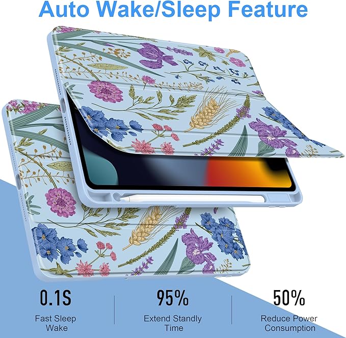 DONGKE for iPad 9th/8th/7th Generation Case 10.2 Inch (2021/2020/2019) [Auto Sleep/Wake &amp Pencil Holder] Clear Acrylic Back Trifold Stand Cover Blue Botanical Wildflower