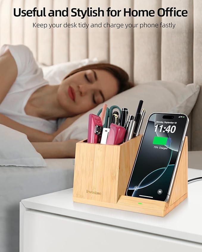 3-in-1 Bamboo Wireless Charger with Desk Organizer Bamboo Pen Holder for Desk 15W Fast Wireless Charger with Pen Holder for Home Office Supplies Compatible with iPhone and Samsung
