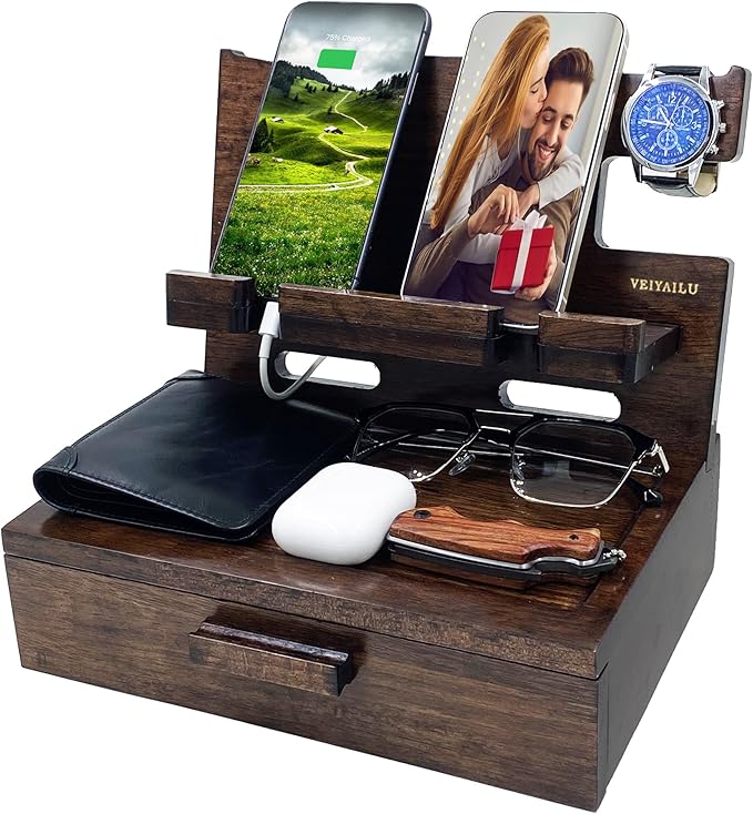Gifts for Men Women Husband Son Boyfriend Him Nightstand Organizer Wood Phone Docking Station Birthday Gifts (Walnut) | Gifts for Men Women Birthday Gifts