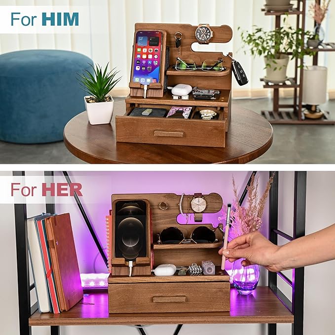 TESLYAR Wood Phone Docking Station with Drawer - Nightstand Organizer - Desk Organizer for Husband - Birthday Gifts for Men Dad Anniversary Idea Key Holder Stand Watch &amp Accessories (Desert Bei