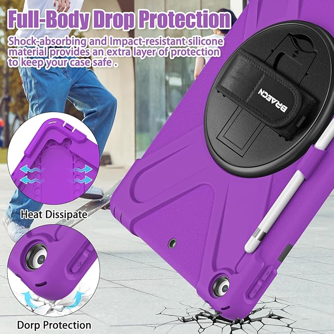 BRAECNstock for Apple iPad 9th/ 8th/ 7th Generation Case 10.2 Shockproof Protective Kids Case with Screen Protector Pencil Holder Rotating Stand+Hand Strap Shoulder Strap Purple