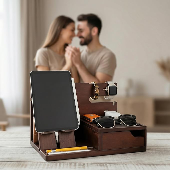 Nightstand Organizer- Bedside Docking Station for Men- Unique Gifts for Husband Father or Dad from Wife Son or Daughter- Desk Organizer for Phone Watches Wallet &amp Accessories (Brown)