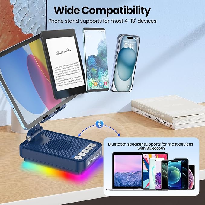 JTEMAN Gifts for Men Women Phone Stand Bluetooth Speaker with Light and Charging Function 360 Rotating Phone Holder Cool Tech Gifts for Dad Mom Husband Unique Birthday Gift Ideas - Blue