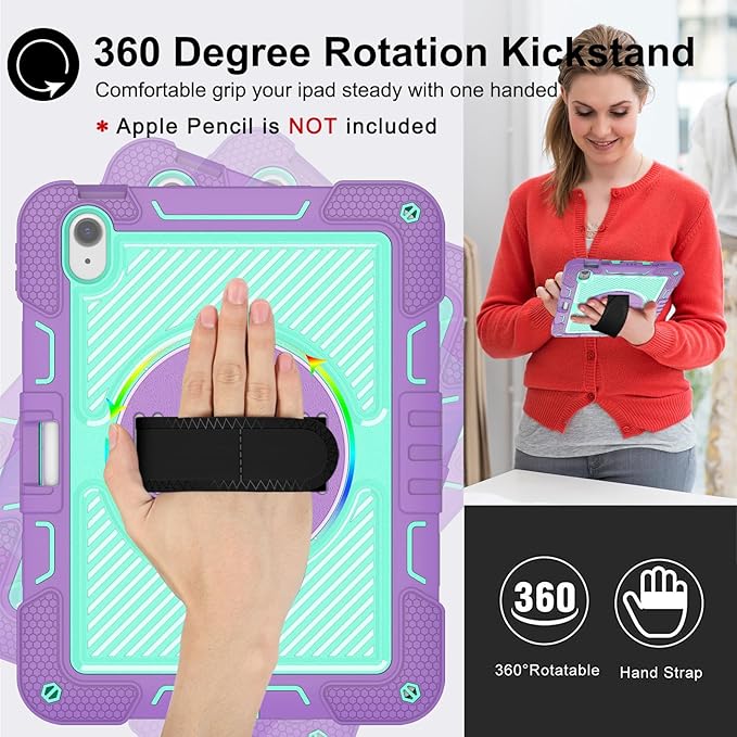 Shockproof Case for iPad Air 4th/5th Generation iPad Air 11 2025 2024 Cover with Shoulder Strap+Pencil Holder Techcircle Heavy Duty Rotating Kickstand Hand Strap Rugged Case Lavender+Aqua