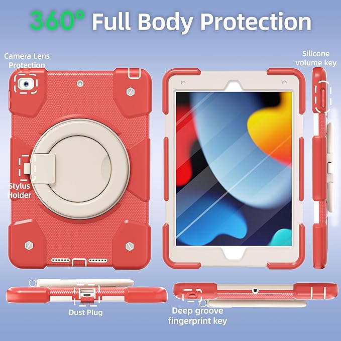 Case for iPad 9th/8th/7th Generation 10.2 inch Shockproof Cover with Screen Protector/360° Rotate Stand/Pencil Holder/Shoulder Strap Kids Case for iPad 2021/2020/2019 (Orange Pink+White)